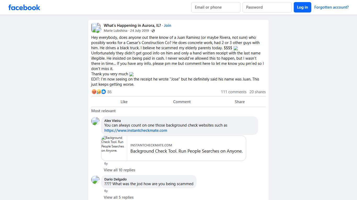 What's Happening in Aurora, IL? Hey everybody, does anyone out there know of a Juan Ramirez (or maybe Rivera, not sure) who possibly works for a Caesar's Construction Co Facebook