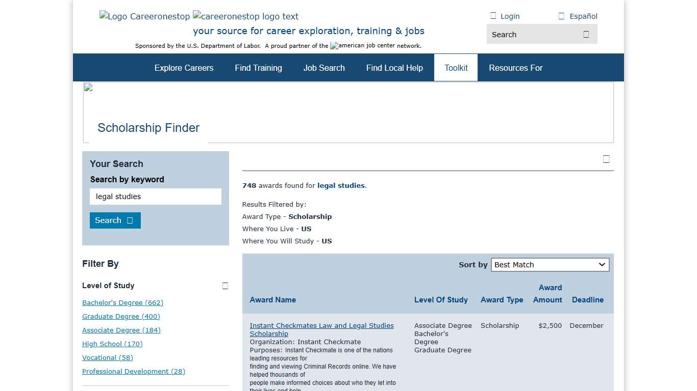 Scholarship Finder CareerOneStop